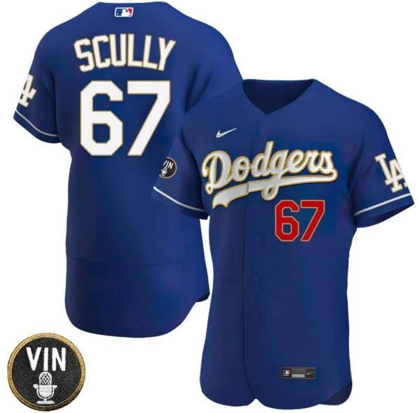 Men's Los Angeles Dodgers #67 Vin Scully 2022 Navy Vin Scully Patch Flex Base Stitched Baseball Jersey